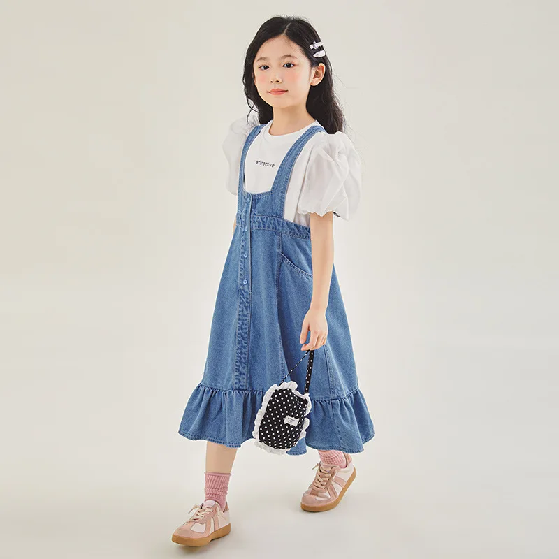 2024 Korean Summer School Girl 2PCS Clothes Set Junior Girl Bubble Sleeve Short Sleeve Tops+Denim Suspender Skirt Set For Girls