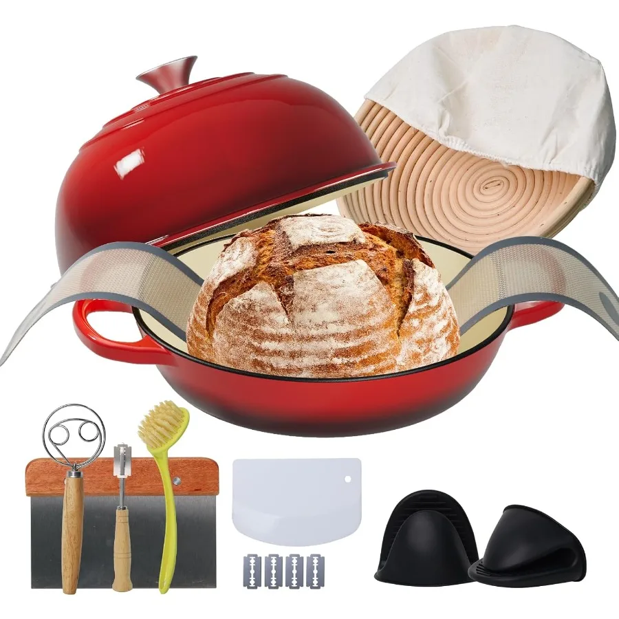 

Cast Iron Bread Oven for Baking 6QT MultiFunctional Dutch Oven Pot with Lid Includes Proofing Basket Silicone Sling Dough Whisk