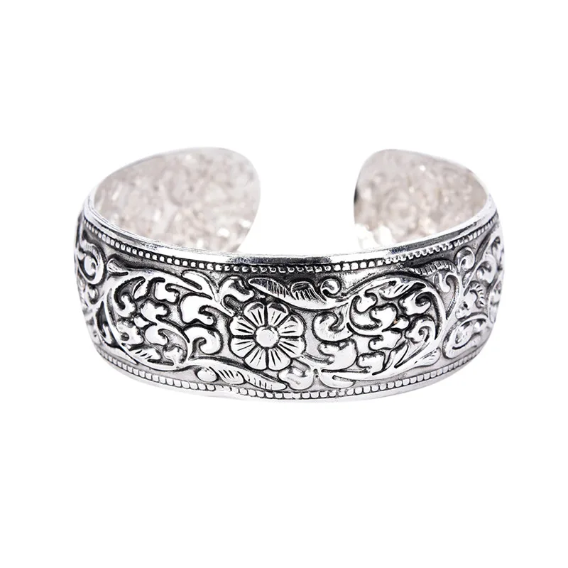 New Tibetan Silver Totem Bangle Carved Lucky Flower Bangle Cuff Bracelet