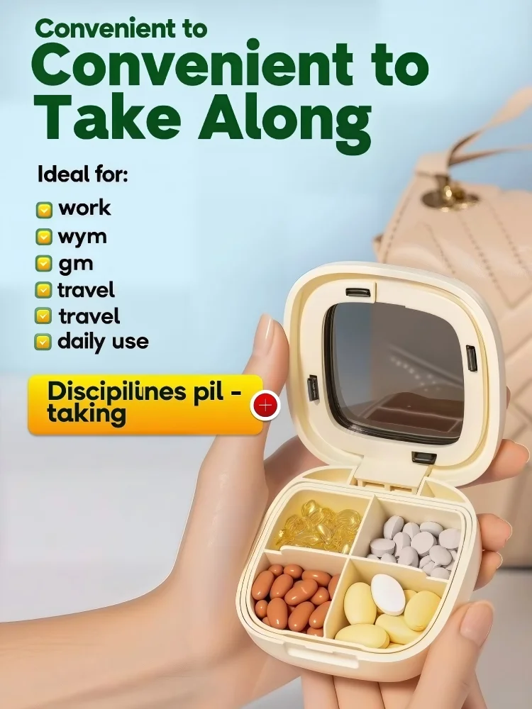 AiQUE Travel Pill Organizer Daily Portable Moisture-proof  4-compartment Tablet Medicine Holder for Pocket Purse Drug Storage