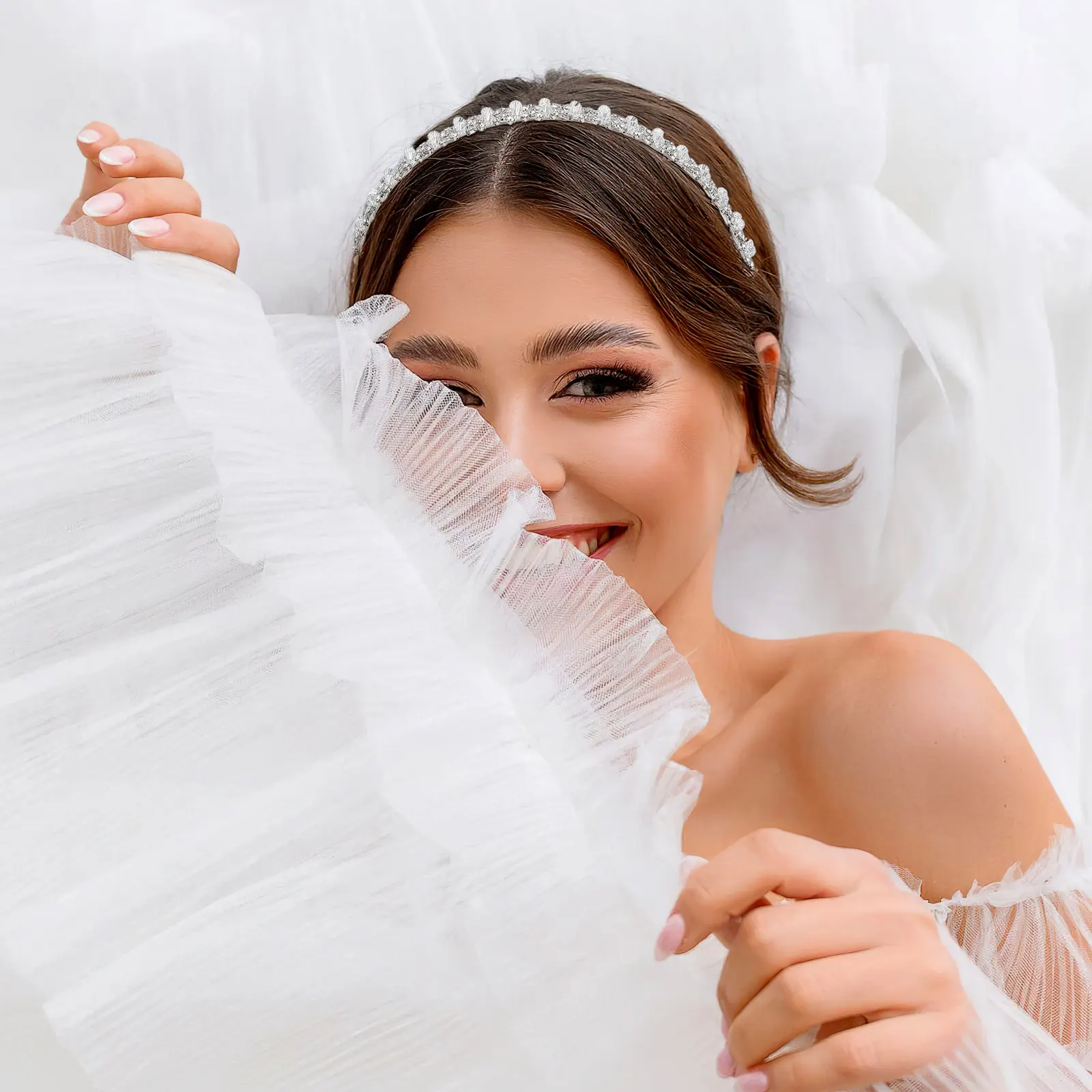 Adjustable Rhinestone Hair Band Silver Plated Alloy Double Layer Bridal Headband for Women Wedding Bridesmaids Formal Party