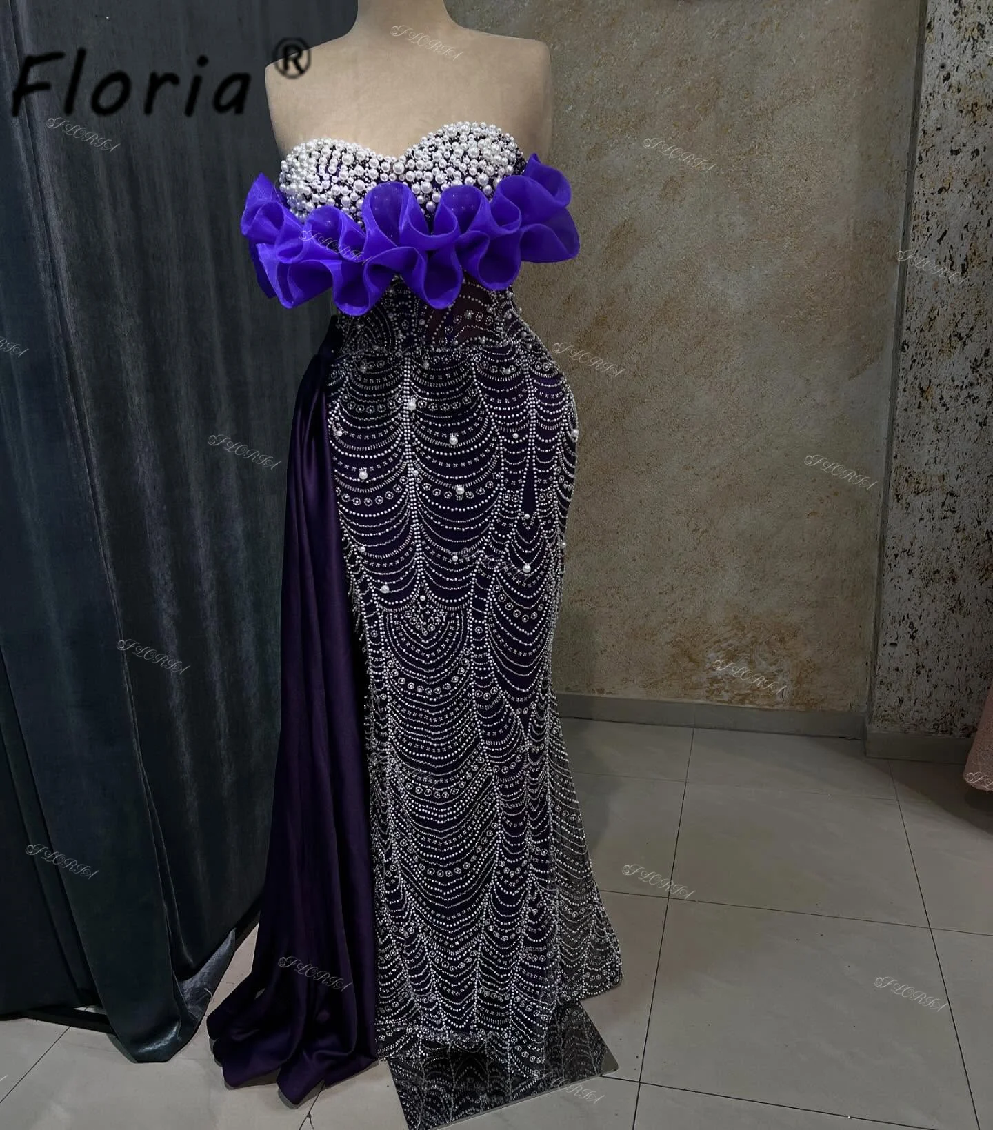 

Elegant Sweetheart Beaded Mermaid Evening Dresses Pearl Lace Purple Celebrity Partyt Dress with Tail Robes de soiree Prom 2026