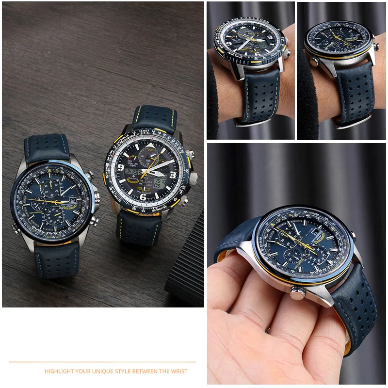 22mm 23mm Blue color Genuine Leather Watchband Strap For Citizen AT8020-54L/8020-03L/JY8078 Curved End Men's Watchband