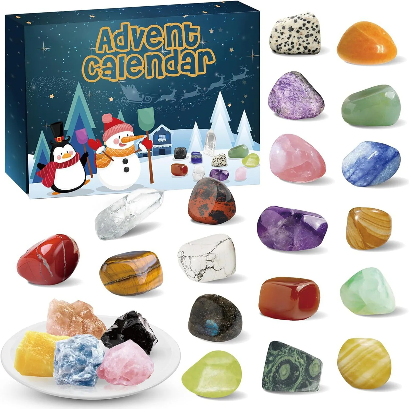 Advent Calendar 24Days Countdown Calendar Natural Crystal Gemstones Collection Box Crystal Stone Gift Box for Kid Christmas Gift