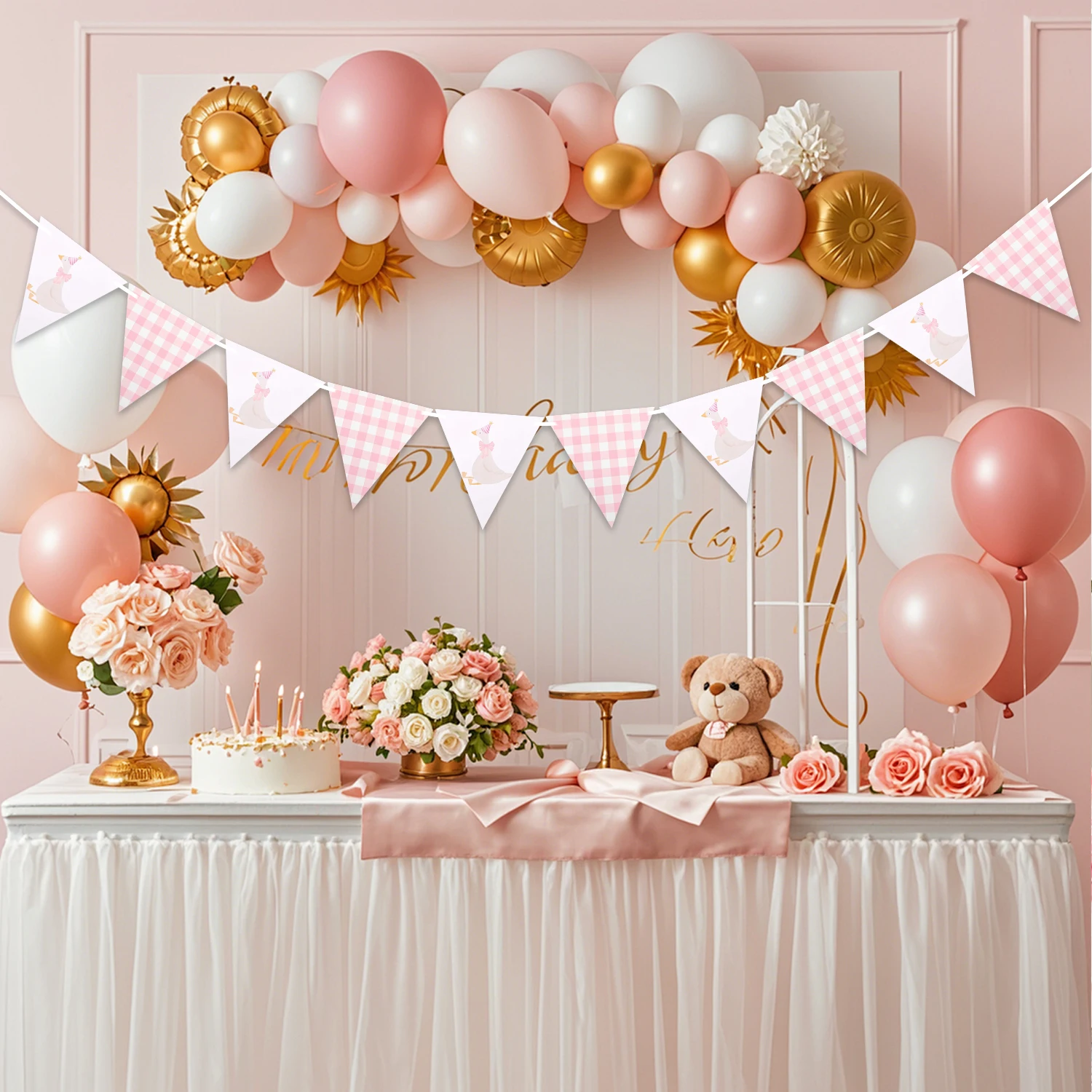 Rosa-blaue Seiden-Gänsefeder-Geburtstagsdeko-Banner, Tischdecken, Geschenkverpackungen und Etiketten für Babypartys und Geburtstagsfeiern – Detail 3