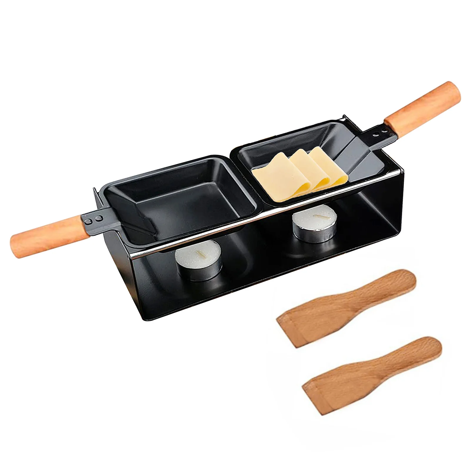 Cheese Melter Pan Small Non-Stick Candlelight Pan With Spatula Portable Carbon Steel Mini Cheese Melting PanWith Wooden Handle