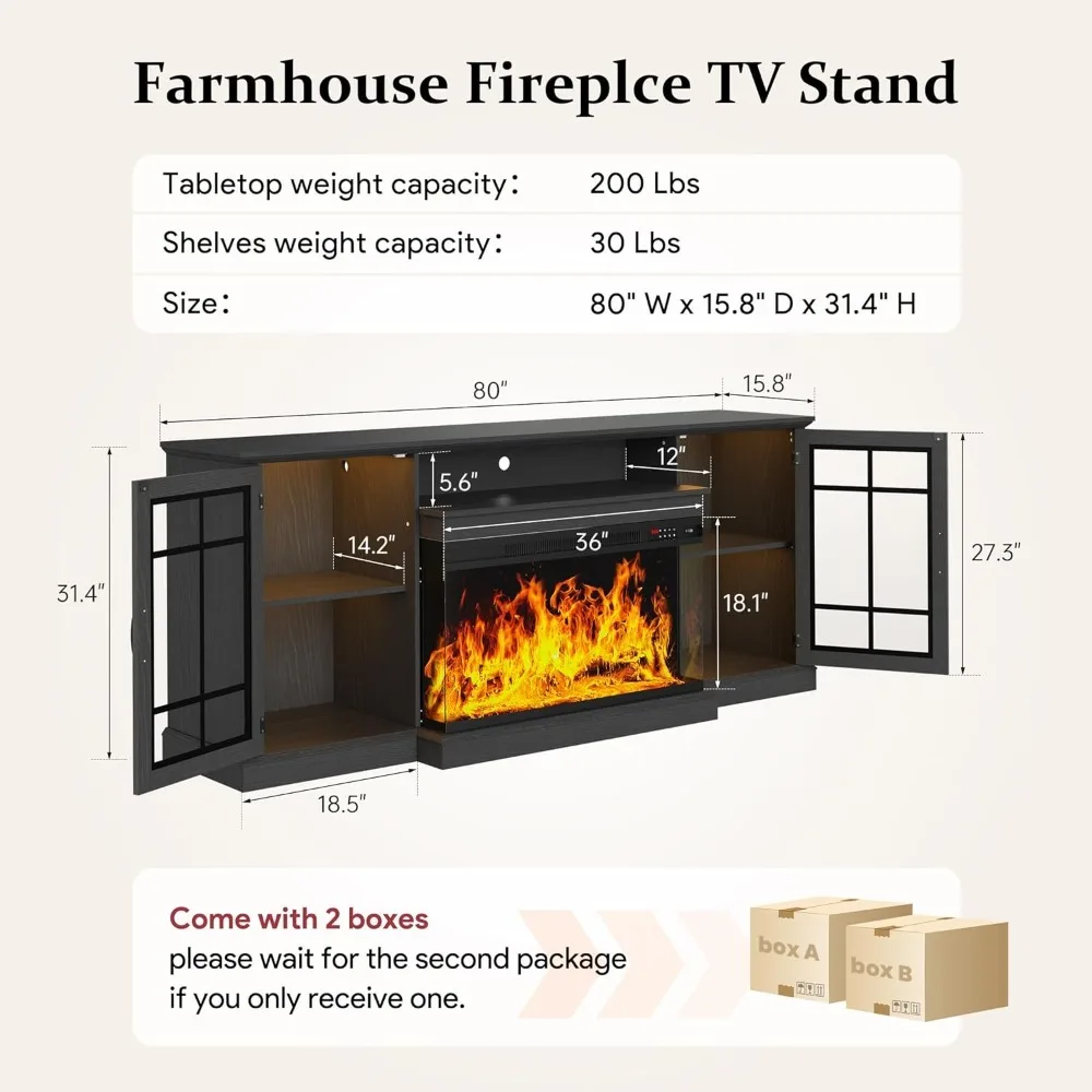 Supporto TV con caminetto da 80'', centro di intrattenimento in fattoria con supporto TV in vetro a 3 lati, tavolo consolle multimediale moderno con contenitore