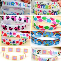 DHK 5/8'' 5yards Balloon Sister Unicorn Rainbow Space Printed Fold Elastic FOE Stretch Ribbon Decorations Craft DIY Sewing E2202