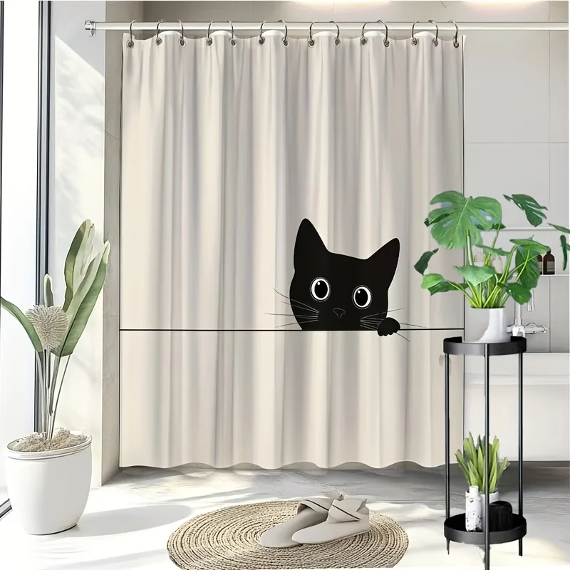 

Black Cat Peekaboo Shower Curtain Minimalist Cartoon Design, Cream Background 12 Hooks, Machine Washable, Modern Bathroom Decor