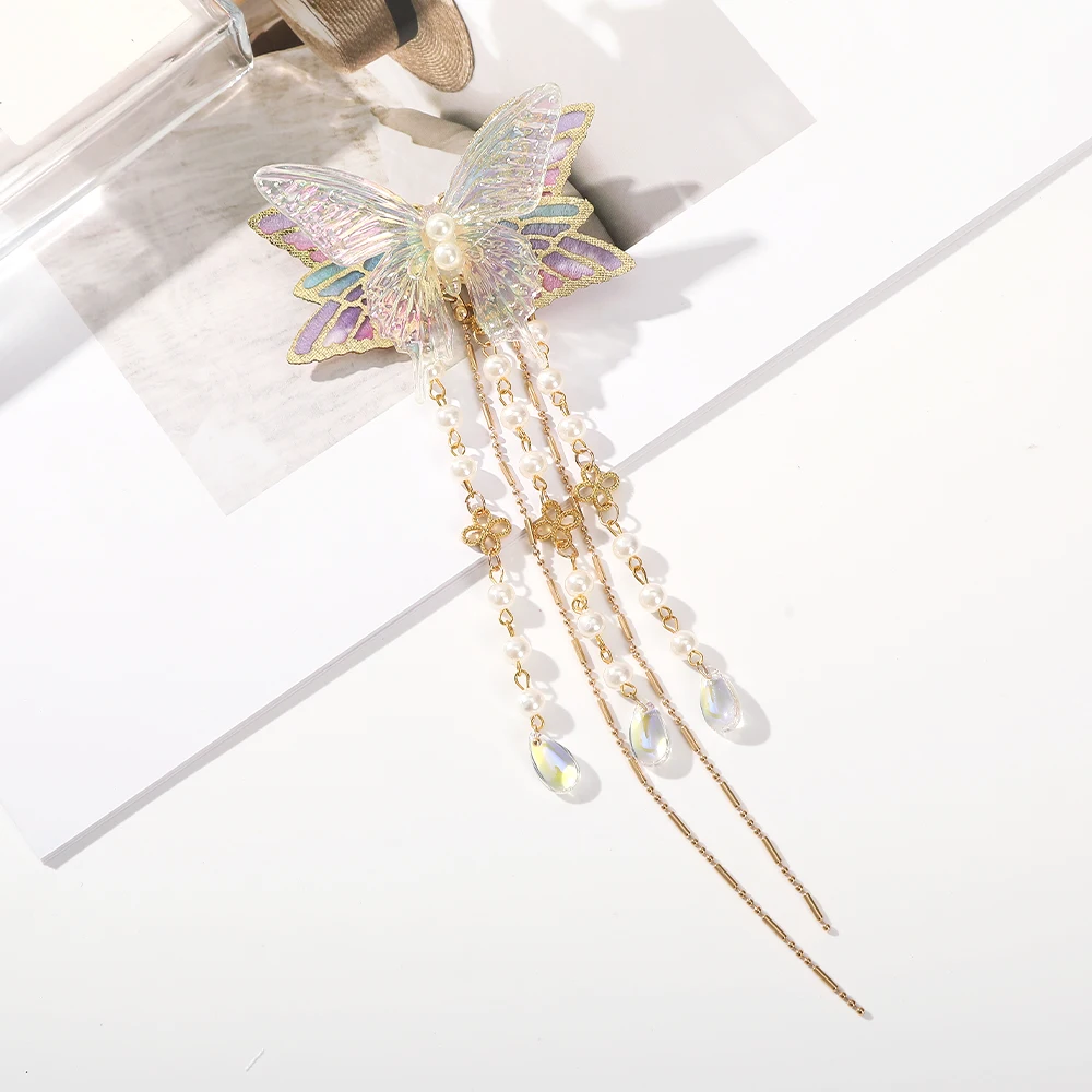 Retro Hairpin, Colorful Butterfly Tassel Hair Clip, Flower Hair Ornament, Ancient Style Pearl , Chinese Style Hair Accessories