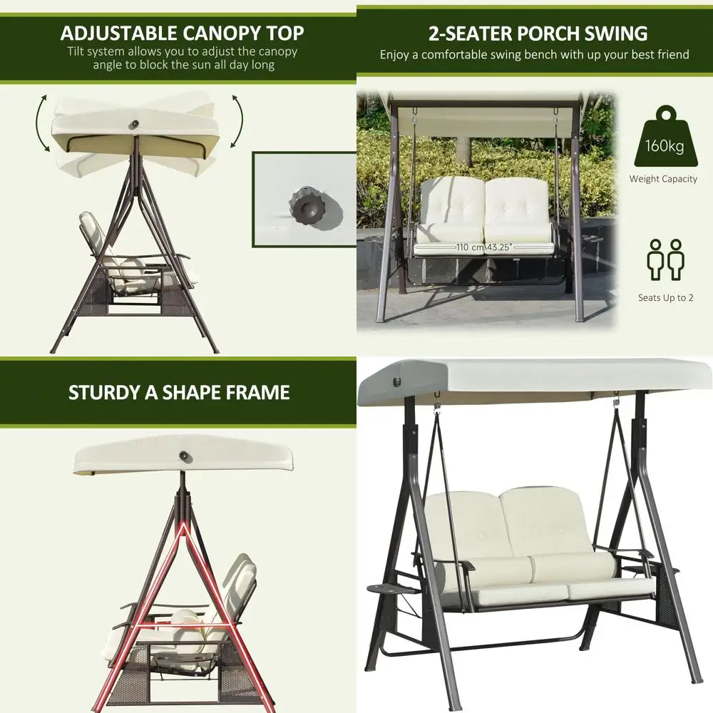 

2-Person Patio Swing Bench with Adjustable Shade , Sot Cushions, Throw Pillows and Tray, Beige.