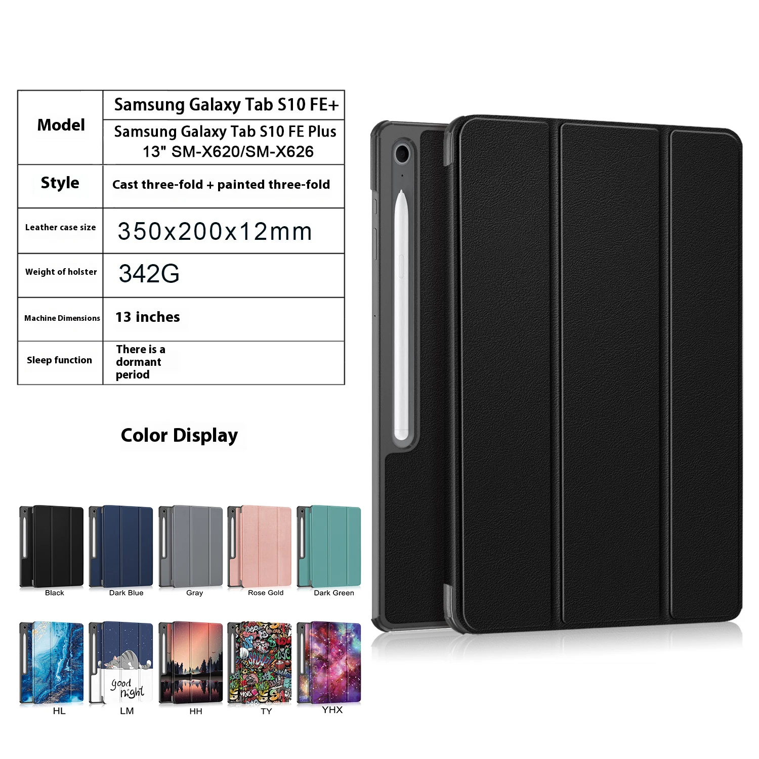 

Magnetic Tri-Folding PU Leather Case Cover for Samsung Tab S10 FE Plus 13" SM-X620/X626 Shockproof Stand Protective Sleeve