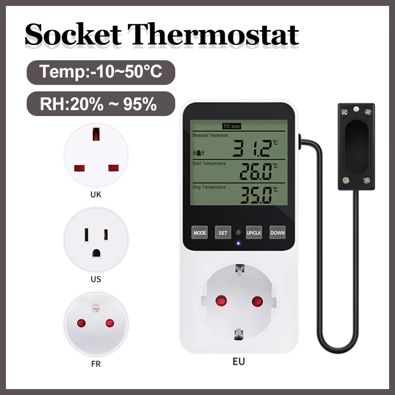 EU/US/FR/UK Socket Thermostaat LCD Display Digitale Temperatuur-vochtigheidsregelaar met Sensor Huishoudelijk Smart ℃ / ℉   Thermostaat