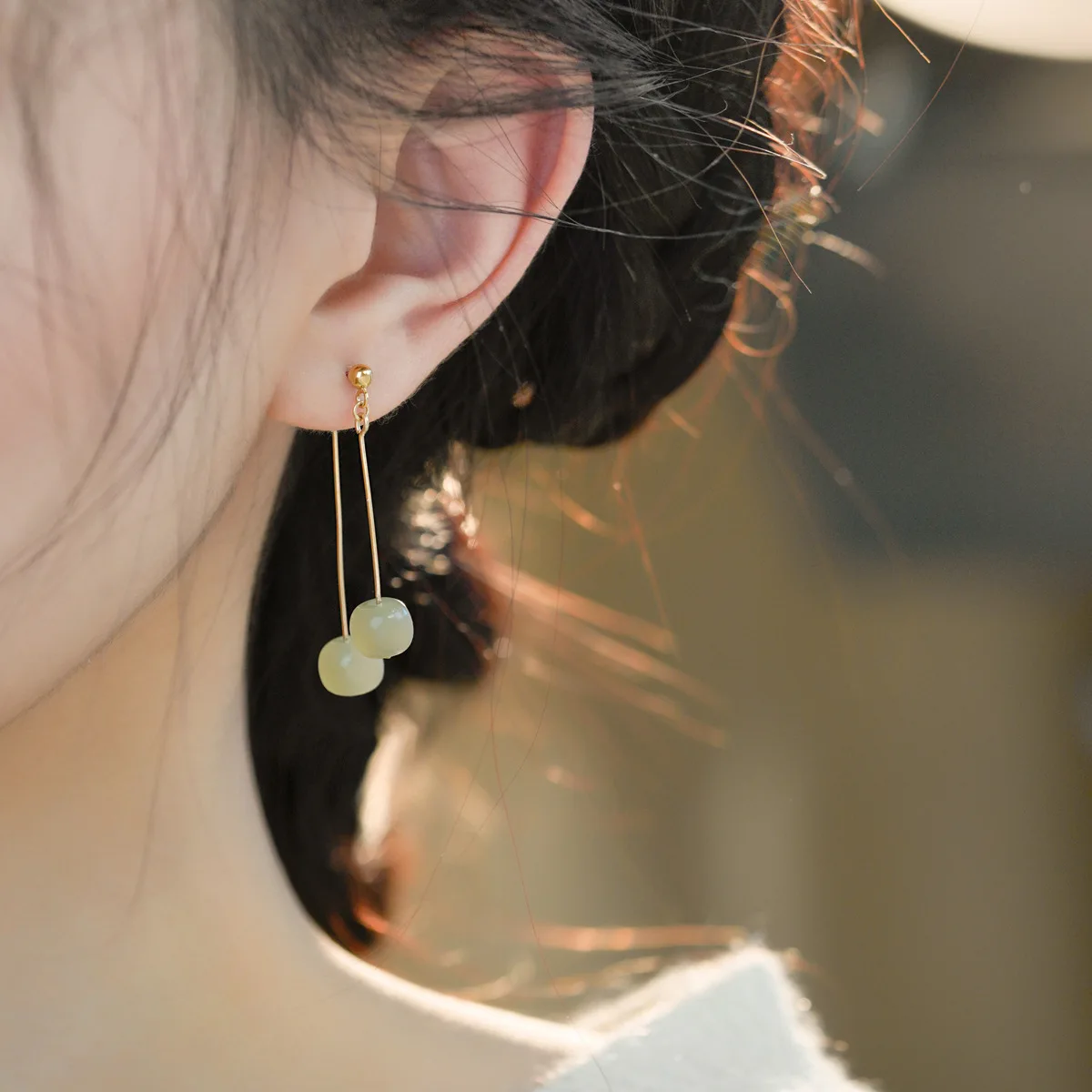 Naturalne Hetian Jade okrągły koralik linia uszna Tassel dynda chiński styl Retro Hoop kolczyki kobiece wesele biżuteria prezenty
