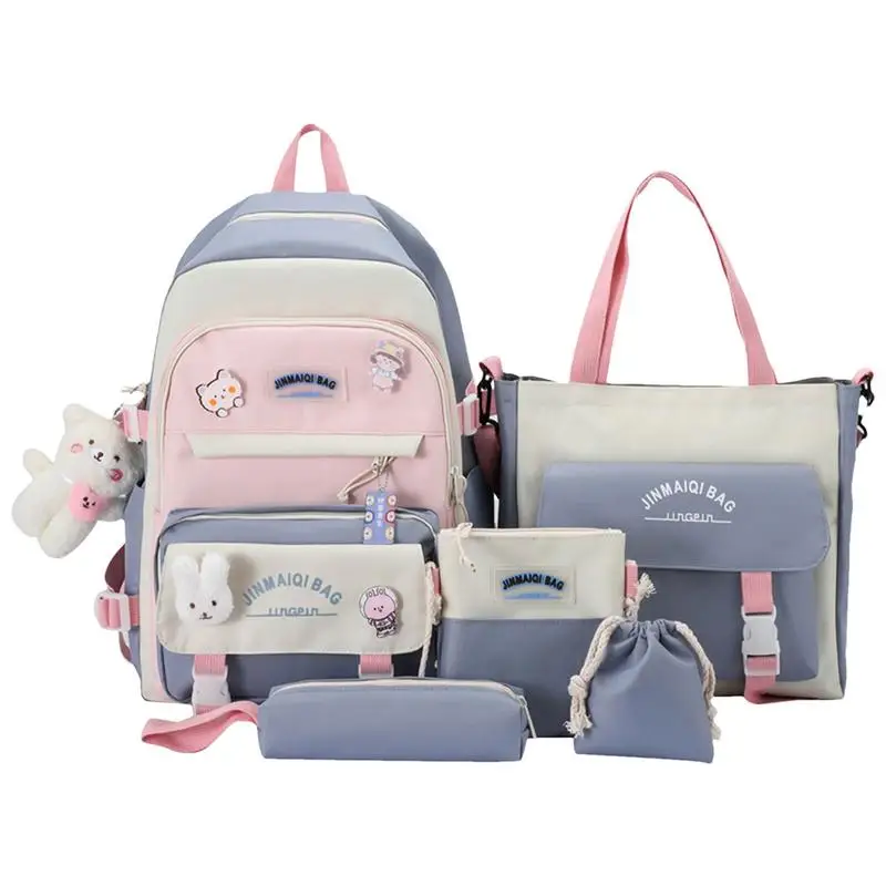 

Kawaii Backpack Combo Kawaii School Backpack Kit With Bear Pendant Doll 5-pcs GirlsDaypack Backpack Set Oxford Canvas School