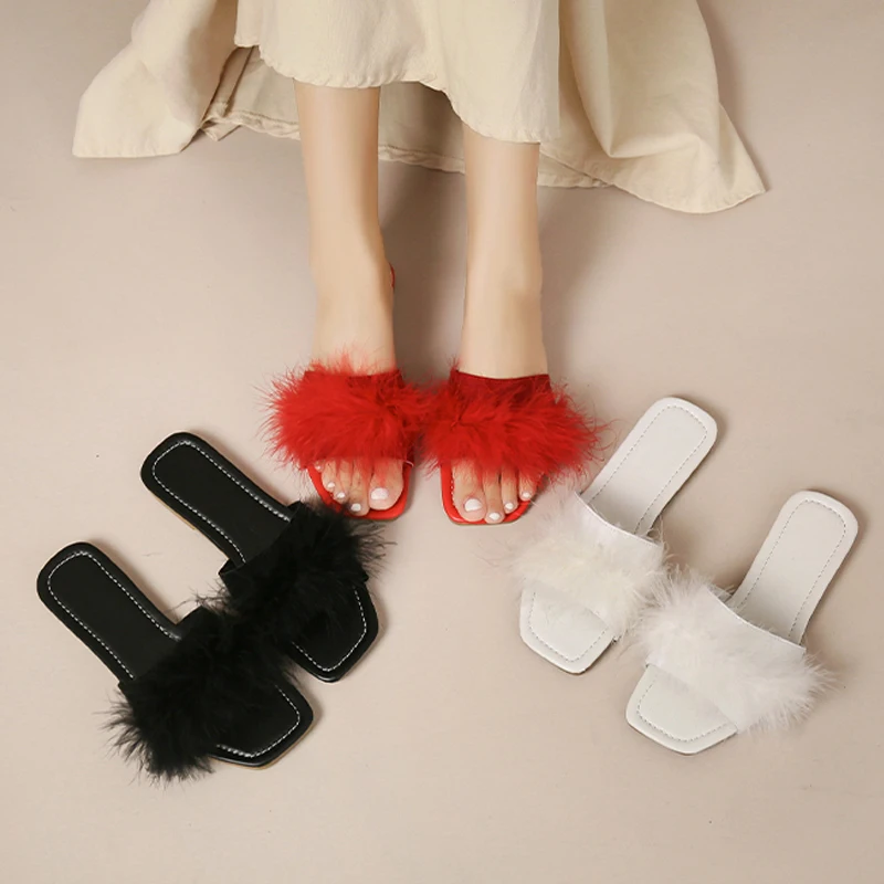 Plus Size Flat Feather Mules Women Fashion Furry Slide Slippers Ladies Open Toe Outdoor Slip-on Sandals