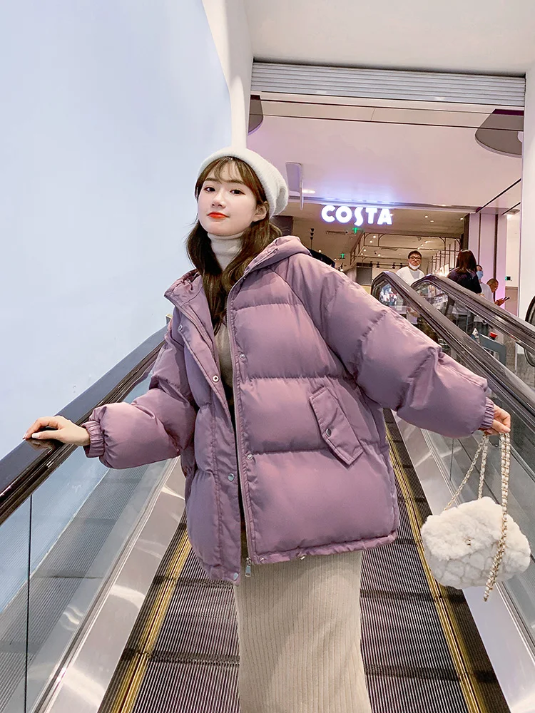 

Korean Loose Women Cotton Jacket 2023 Winter Casual Hooded Long Sleeve Thicken Warm Coats Simple Solid Color Ladies Outerwear