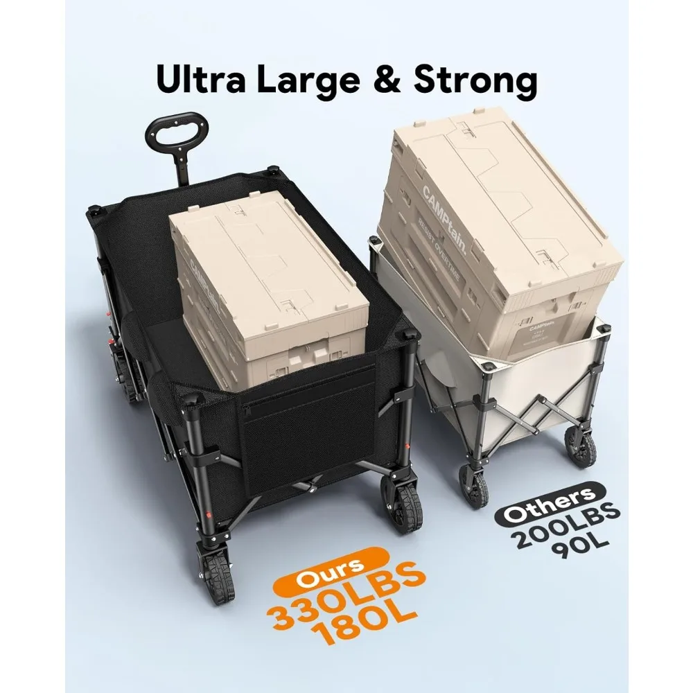 Carrinho de vagão dobrável com capacidade de 330 libras, rodas para todo terreno com freios, carrinho utilitário dobrável para esportes de compras de acampamento