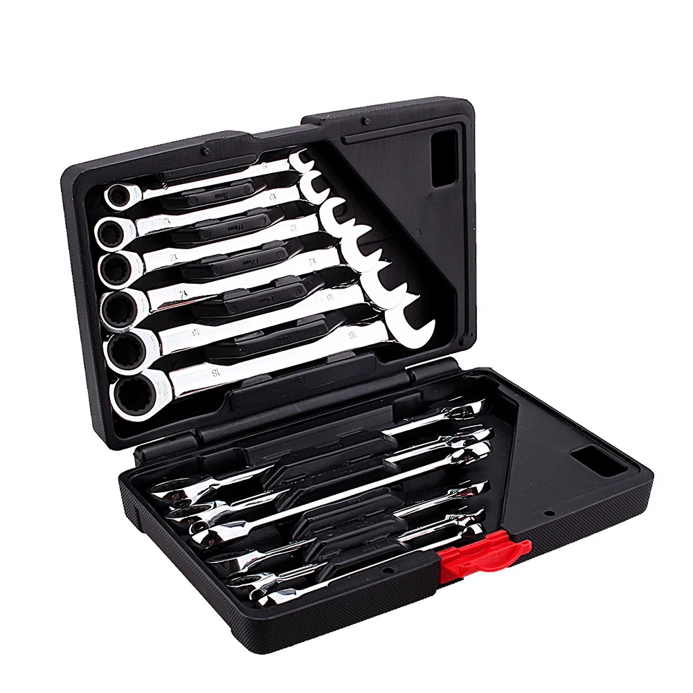 

12pcs DIY polish chrome vanadium finish Fixed Spanners Ratchet Wrench Hand Tool Set Kit 8-19mm 5° return angle