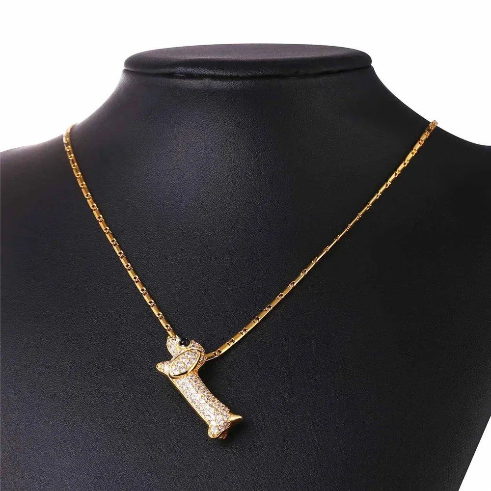 U7 Cubic Zirconia Sausage Dog Necklace for Men Women Cute Dachshund Wiener Dog Badger Animal Pet Lover Jewelry Gift QC24