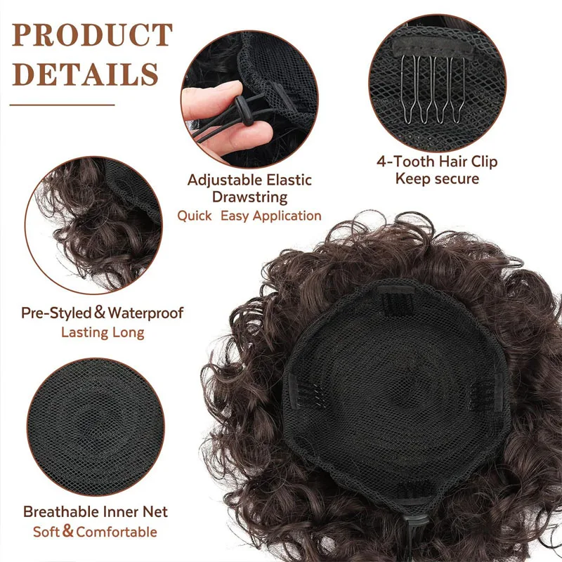 Pedaço de cabelo sintético bagunçado para mulheres, cordão elástico, onda solta, pães encaracolados, extensões de cabelo, marrom escuro