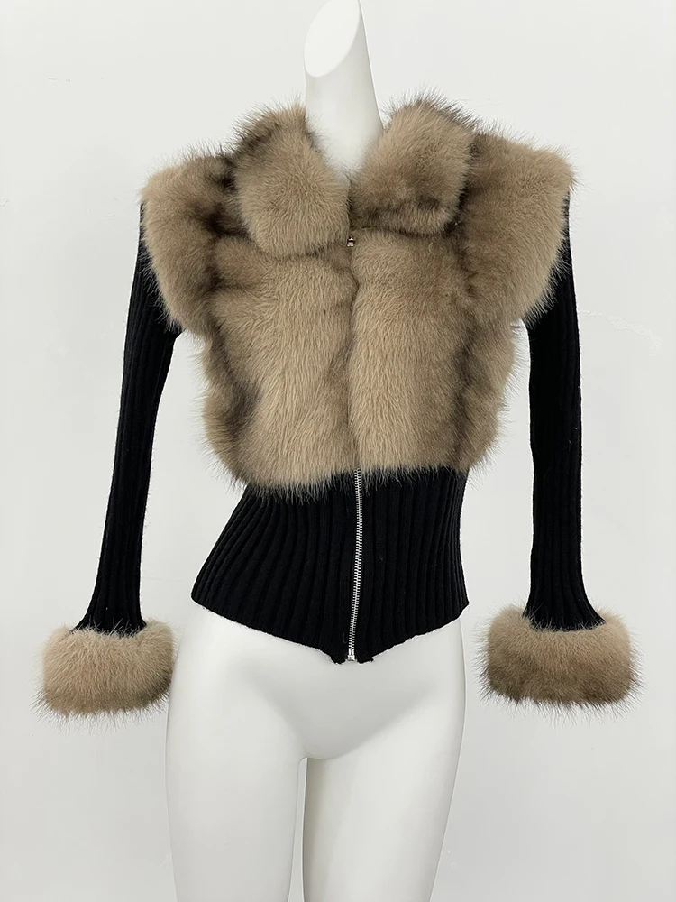 

Женское трикотажное пальто на молнии, весна-осень 2022, короткий свитер из искусственного меха, укороченный вязаный кардиган из искусственного меха