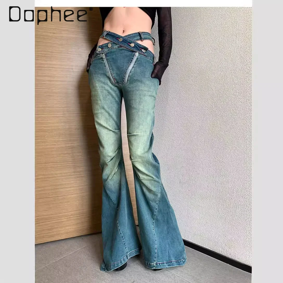 

Vintage Retro Flared Jeans Women Cross Hollow Out Ruched Zipper Decorate Low Waist Slim Denim Pants Sexy Y2k Female Trousers