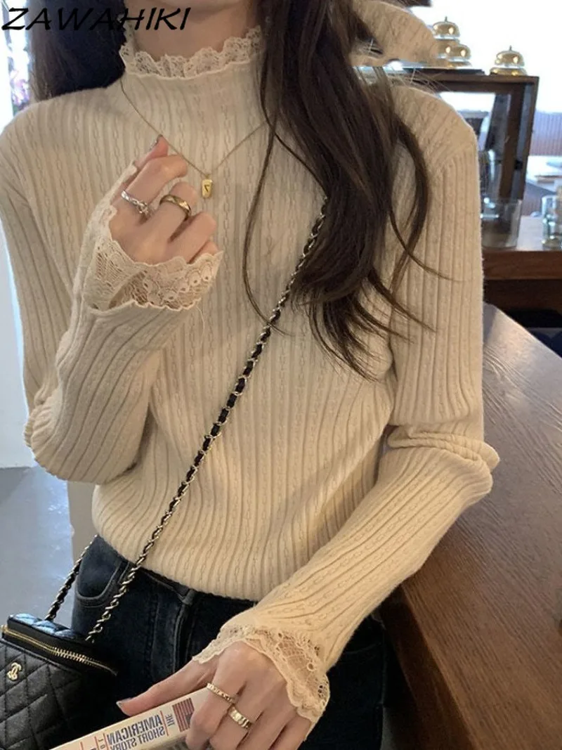 

Sueters Mujer Solid Color Slim Lace Patchwork Mock Neck Elegant Temperament Apricot Long Sleeve Casual Soft Knitted Pullovers