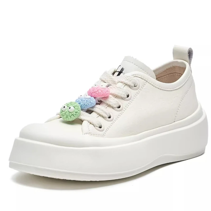 

Мягкие удобные белые туфли из натуральной кожи для женщин, весенне-осенняя модная повседневная обувь, милые туфли для печенья на толстой подошве