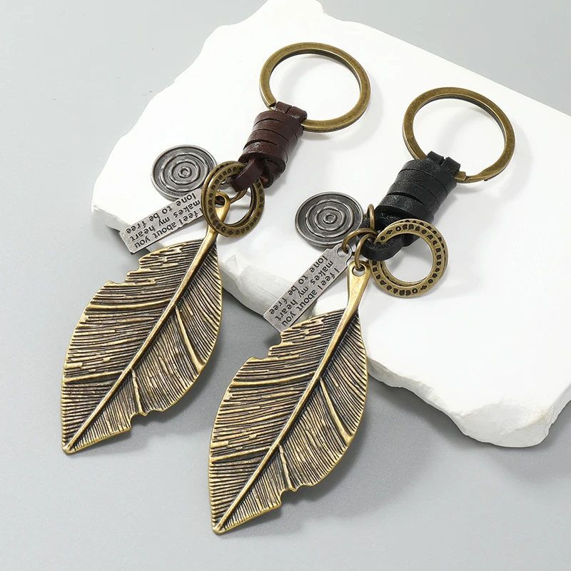 Fashion metal leaf pendant men keychains leather key ring