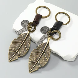 Fashion metal leaf pendant men keychains leather key ring