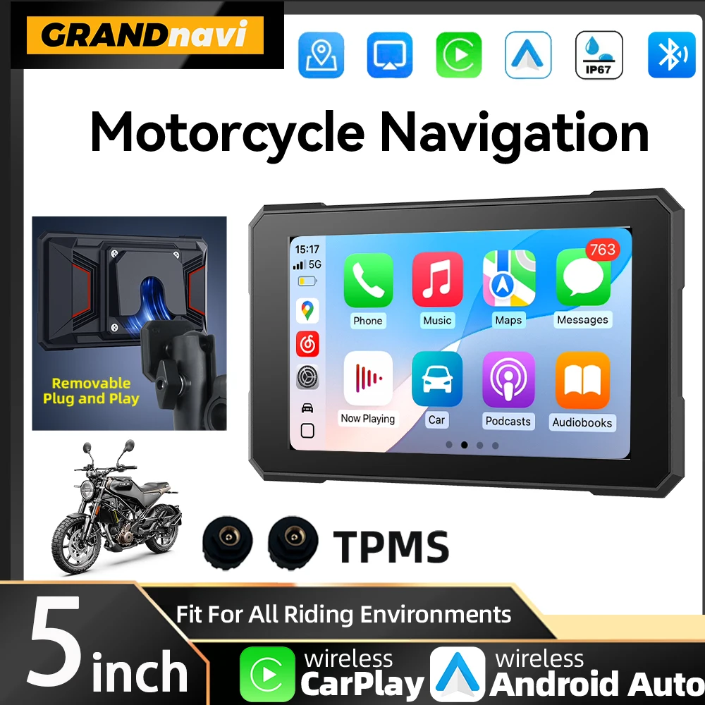

5 Inch Motorcycle Navigation GPS Portable Wireless Carplay Android Auto Magnetic Quick Release Bracket Bluetooth Moto Motorbike
