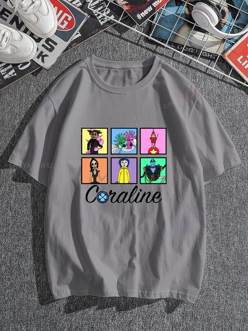 Classic Anime Film Coraline Pattern Print Fashion T-shirt, Unisex Street Casual Wear, Spring/summer Short-sleeved Cotton T-shirt