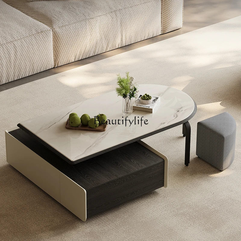 Italian Minimalist Large Capacity Storage Living Room Small Apartment Retractable Coffee Table Hollow-out Function Coffee Table