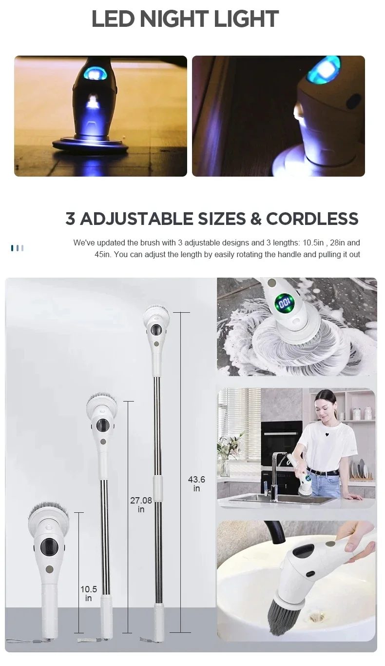 Многофункциональная электрическая щетка 8-в-1, щетка для чистки ванной комнаты и кухни, вращающаяся бытовая щетка со светодиодным ночником