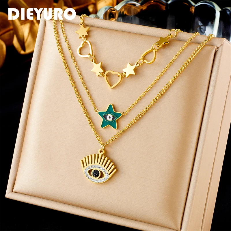 

DIEYURO 316L Stainless Steel Vintage Heart Star Eye Pendant Necklace For Women Fashion 3in1 Chains Jewelry Lady Holiday Gift