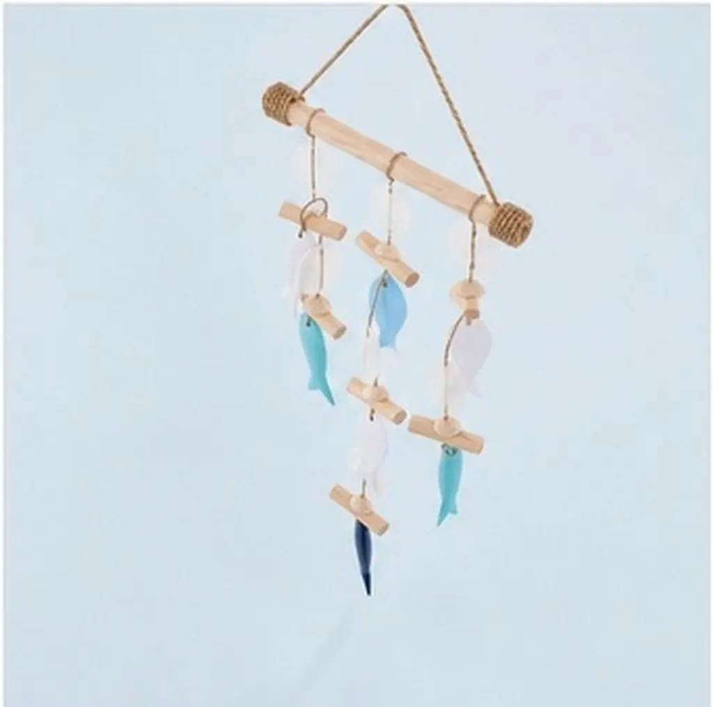 Natural Wood Fish Shaped Seashell Wind Chime Wall Art Decor Mediterranean Inspired Hanging Ornament for Kitchen