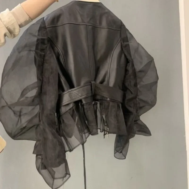 Veste courte en cuir à volants pour femme, manteau à bulles en organza, manteau à manches volantées, streetwear rétro Y2k, faux noir, mode automne