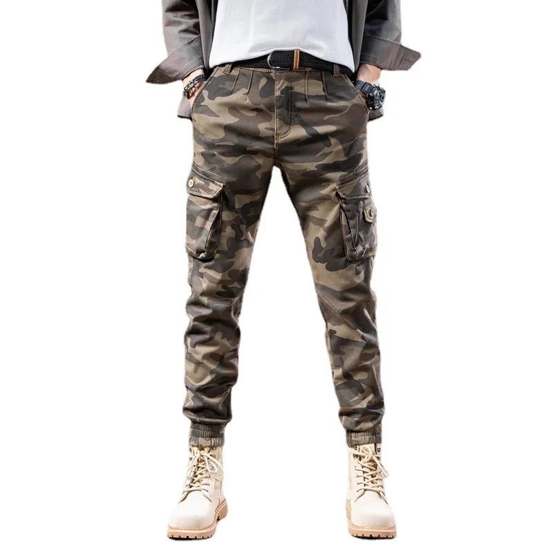 Winter Velvet Overalls Pants Men's Trendy  Multi-bag Cargo Pants Khaki Spring  Autumn Slim Versatile Camouflage Casual Pants