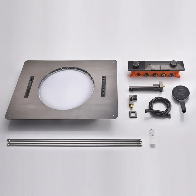 Leichtes, luxuriöses Messing-Wandbrause-Set mit quadratischer Digitalanzeige und Regenspray, Wasserfall-Auslass, großes Top-Spray, intelligente Steuerung