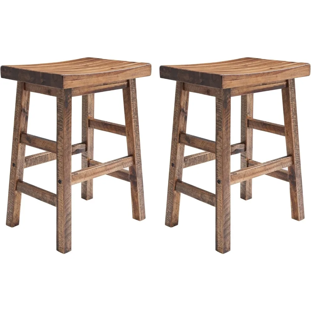 Durango 26-Inch Industrial Wood Counter-Height Stools – Set of 2 Rustic Saddle Seat Bar Stools - Vintage Style with Light