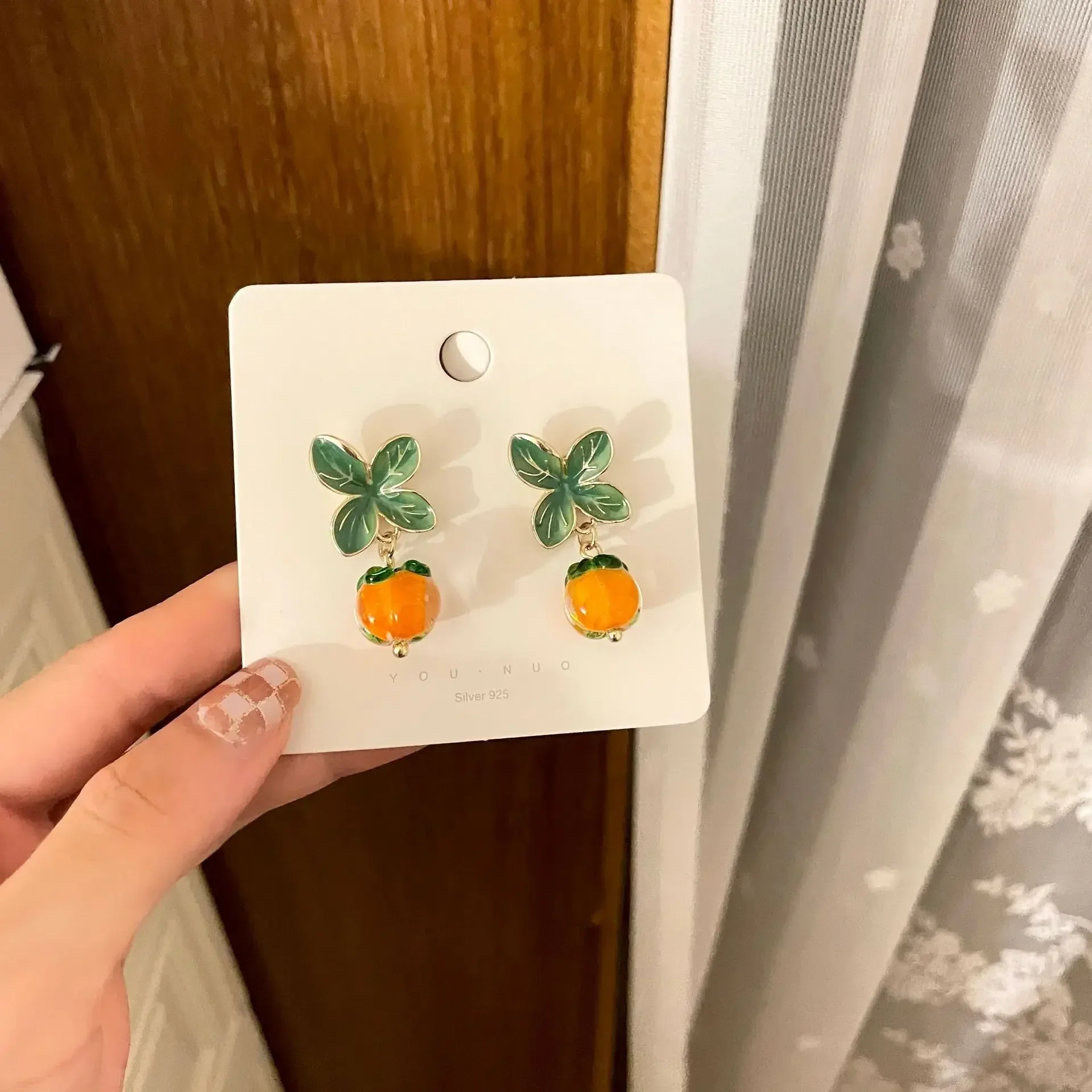 اليابانية Yuanqi فتاة البرتقال الزجاج الأذن كليب الملحقات الزجاج البرسيمون أقراط الرجعية لا ثقب الأذن قرط كبس #4