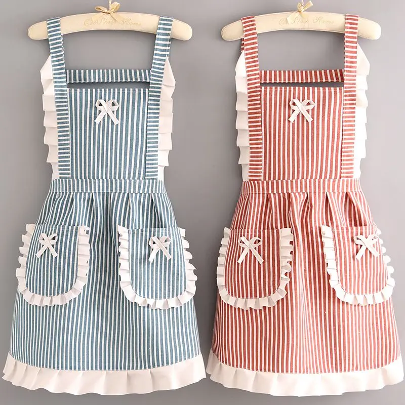 Korean version cotton and linen apron for women cute kitchen home cooking breathable apron fashionable work clothes chef apron