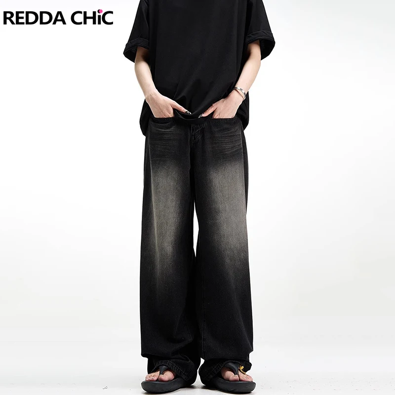 ReddaChic-jeans grunge preto baggy para mulheres, bigode de lavagem vintage, calça casual de perna larga reta, calças grandes para namorados, Y2k