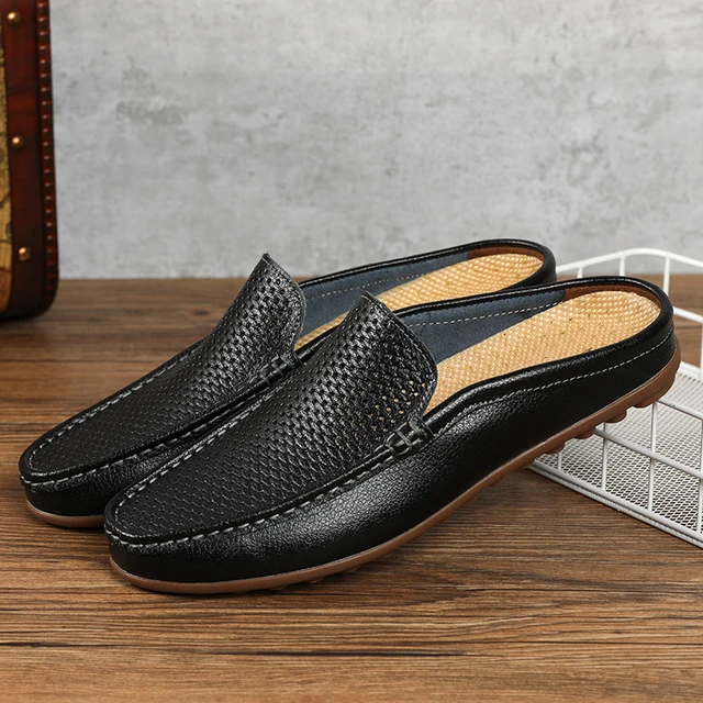 Half Shoes For Men Leather 2022 Summer Leather Flat Slide Loafers Slipper Mules Sandals Backless Men Casual Shoes Mule Masculino AliExpress