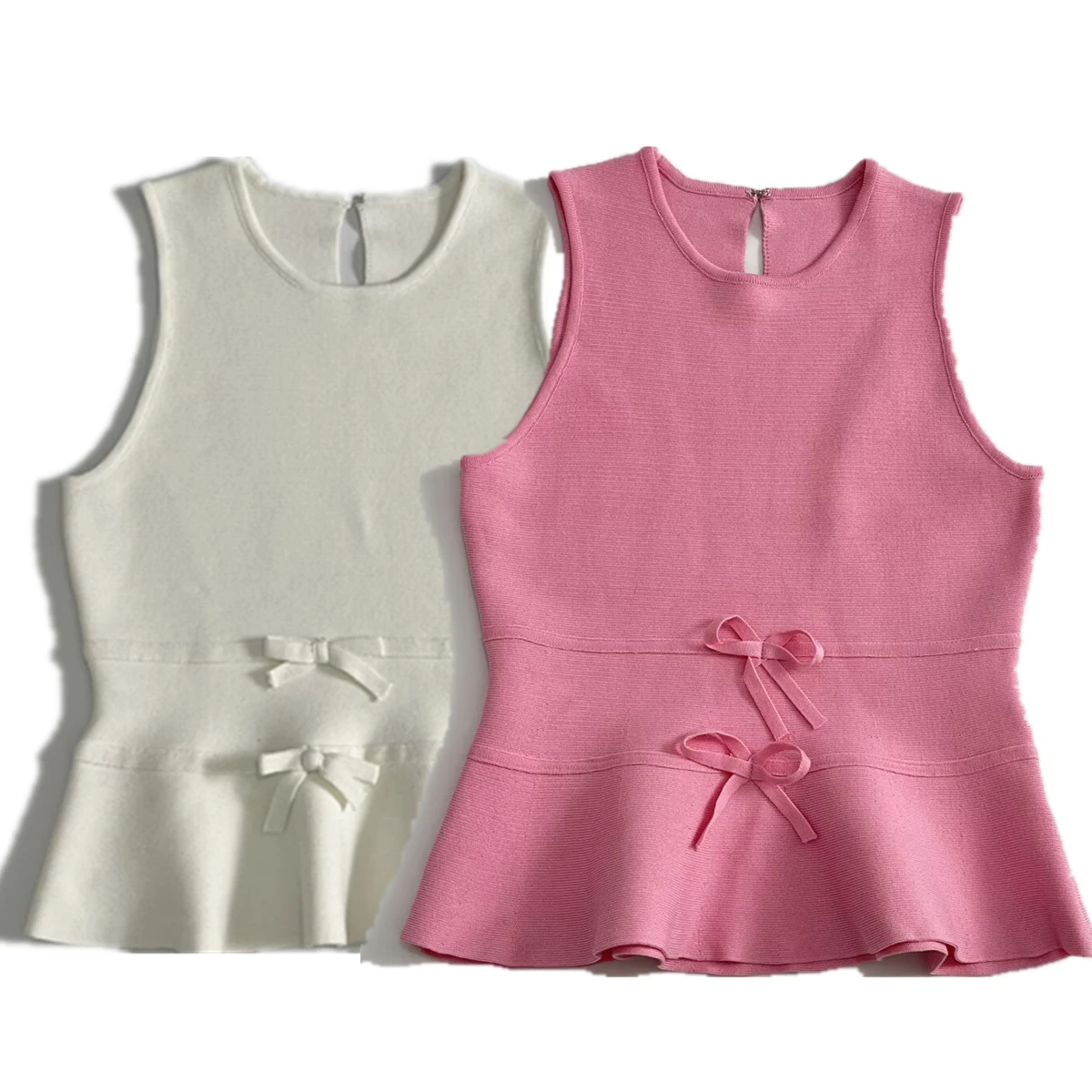 

Maxdutti French Slim Fit Elegant Solid Color Knitted Sleeveless Vest Tank Top Round Neck Bow Summer T-shirt Women