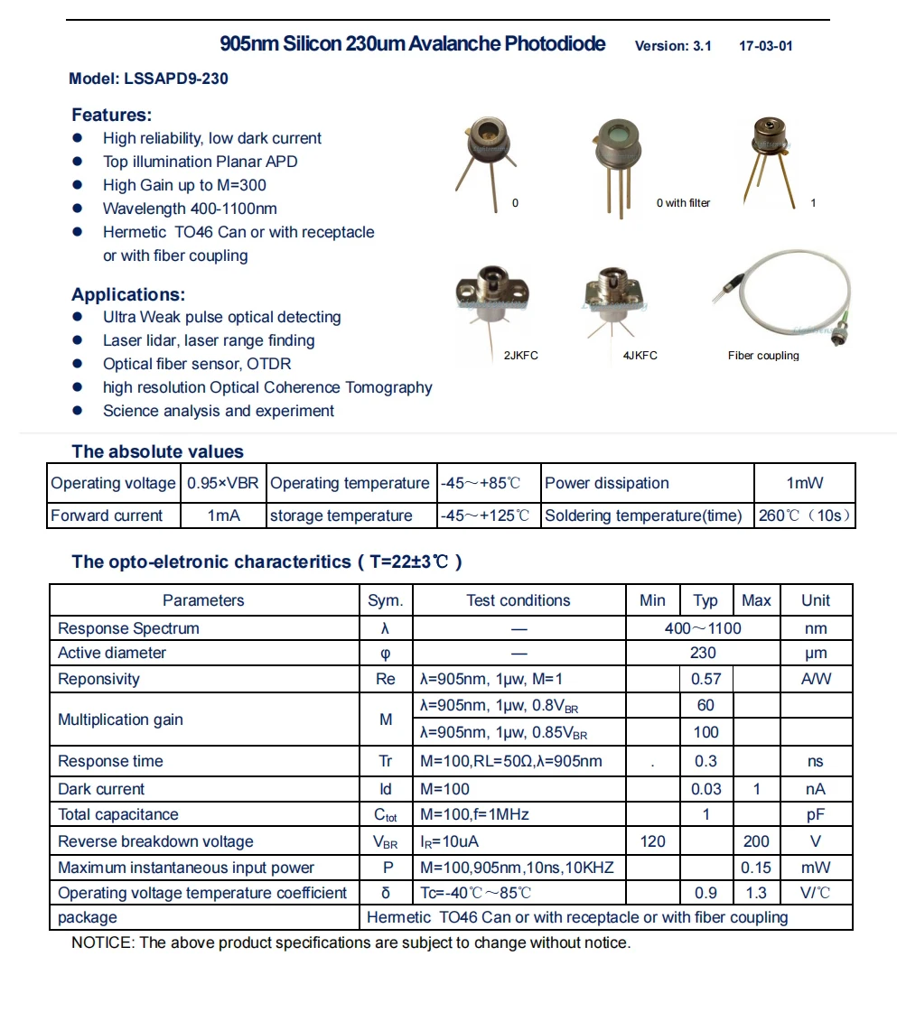 905nm 230μm Silicon Avalanche Photodiode Peak Response @900nm with TO-46 Can Ball Lens Cap