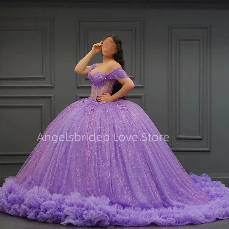 

Angelsbride Lavender Ball Gown Quinceanera Dresses With Beading Ruffle Train Cinderella Birthday Party Gown Vestido De 15 Años