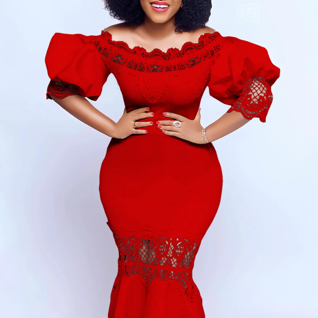 Feminino uma palavra gola manga bolha renda emenda banquete fishtail vestido saia vestido longo temperamento simples sexy high-e