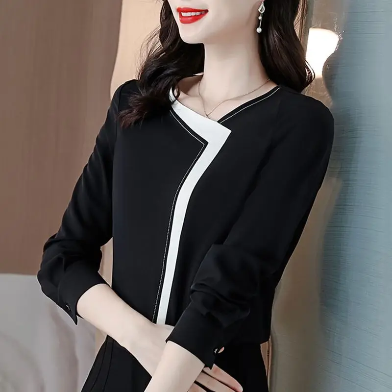 Women Clothing Contrast Patchwork Office Blouse Spring Autumn New Long Sleeve Loose Chiffon Elegant Shirt Tops Fashion Vintage